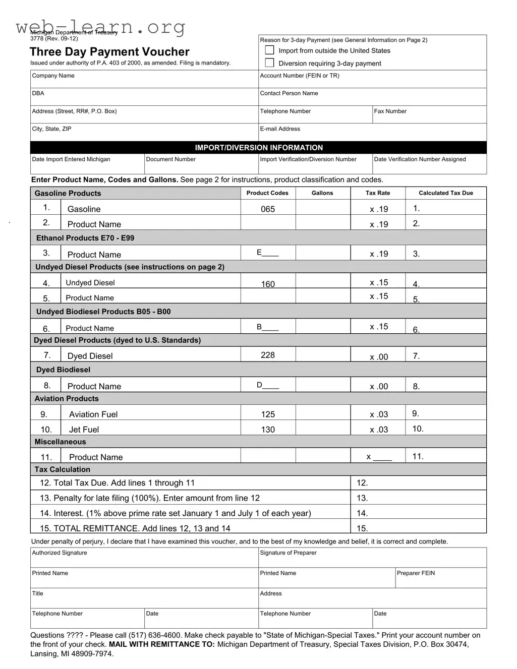 Blank Michigan 3778 Form