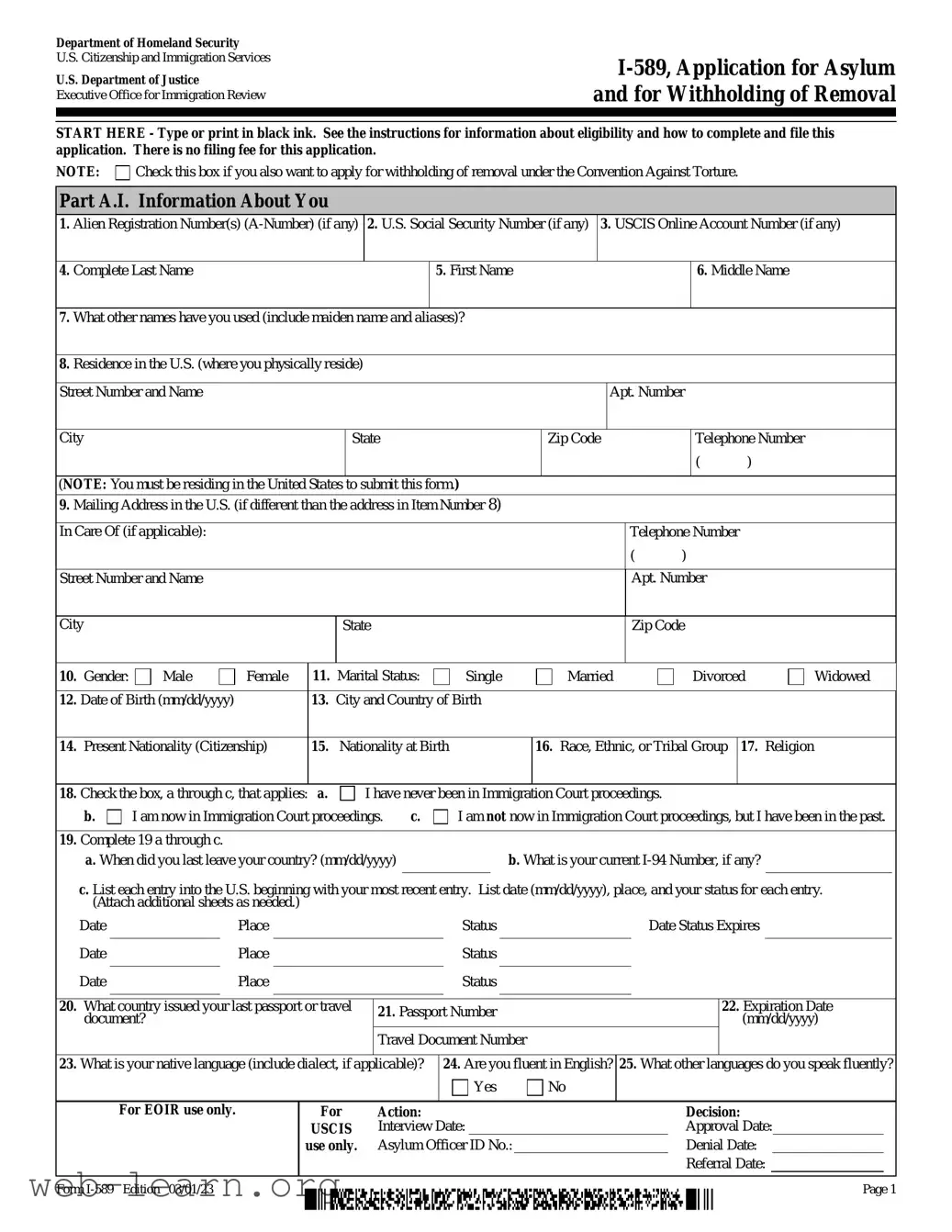 Blank USCIS I-589 Form