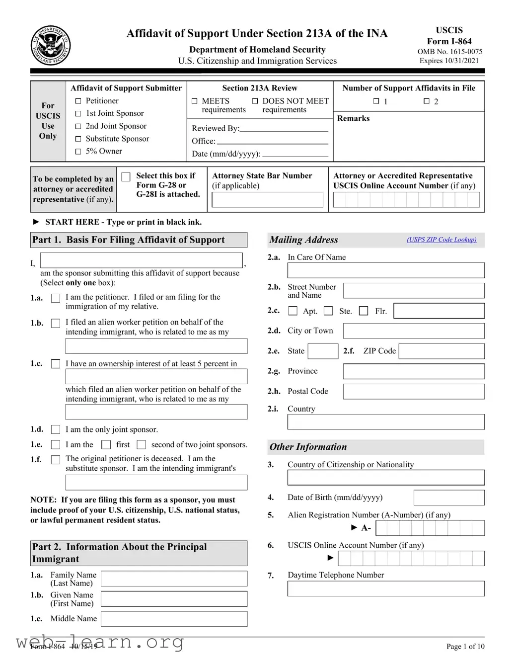 Blank USCIS I-864 Form