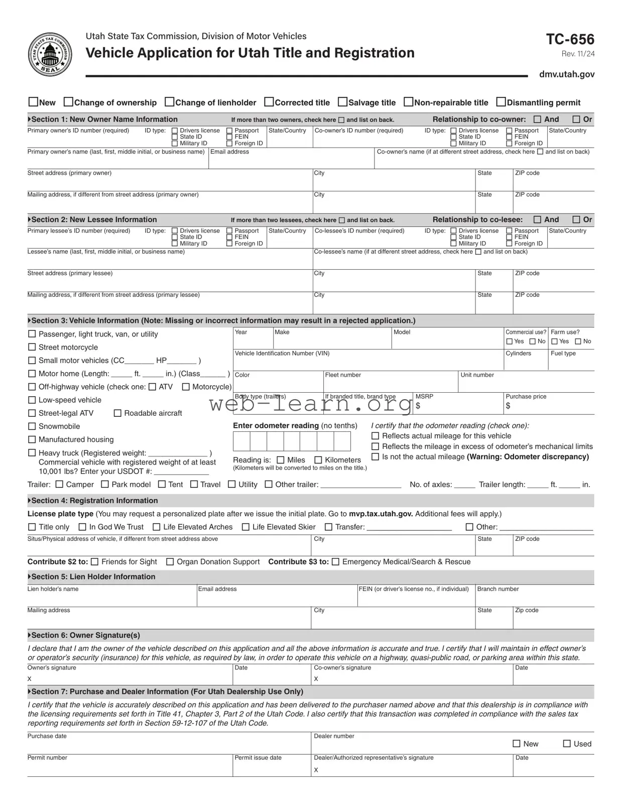 Blank Utah Dmv Tc 656 Form