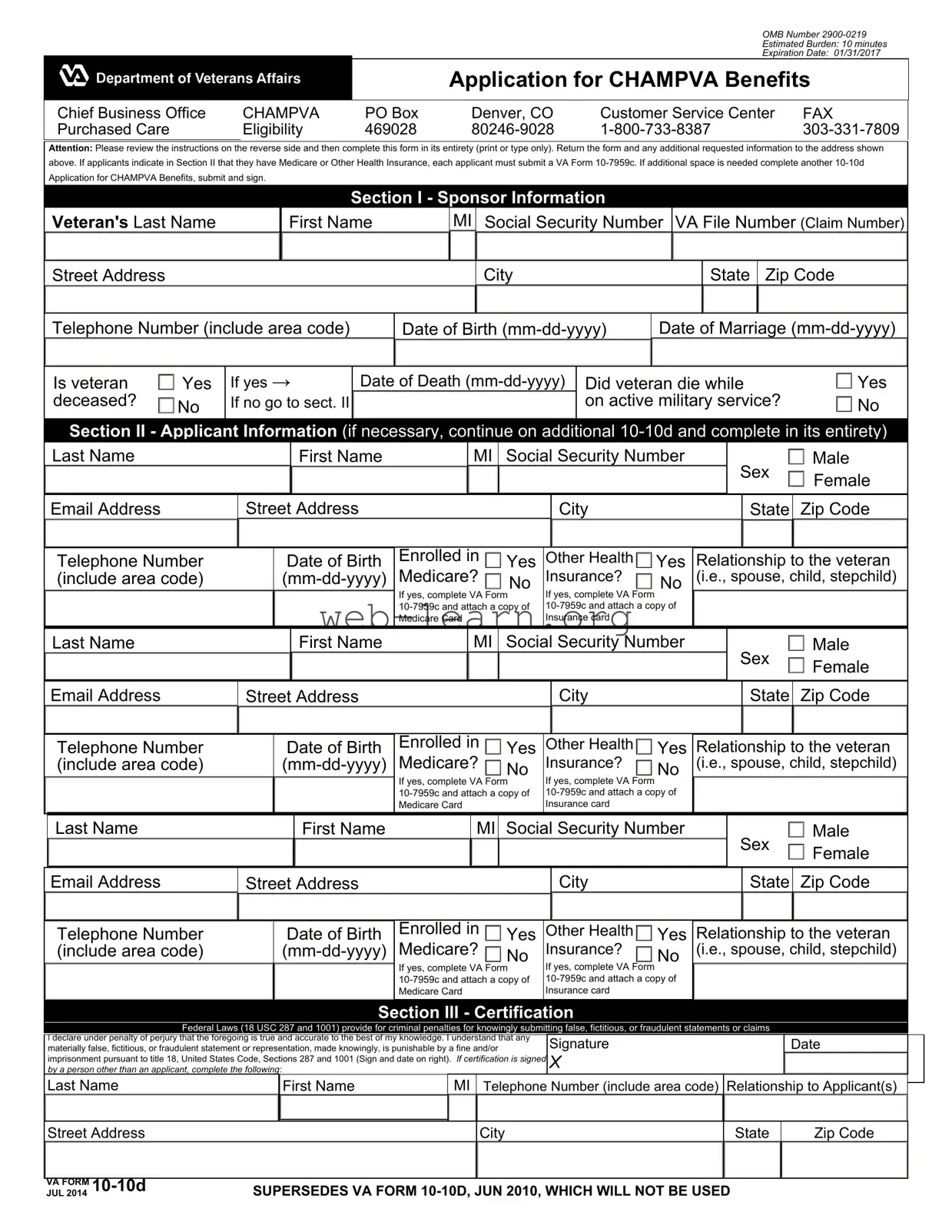 Blank Va 10 10D Form