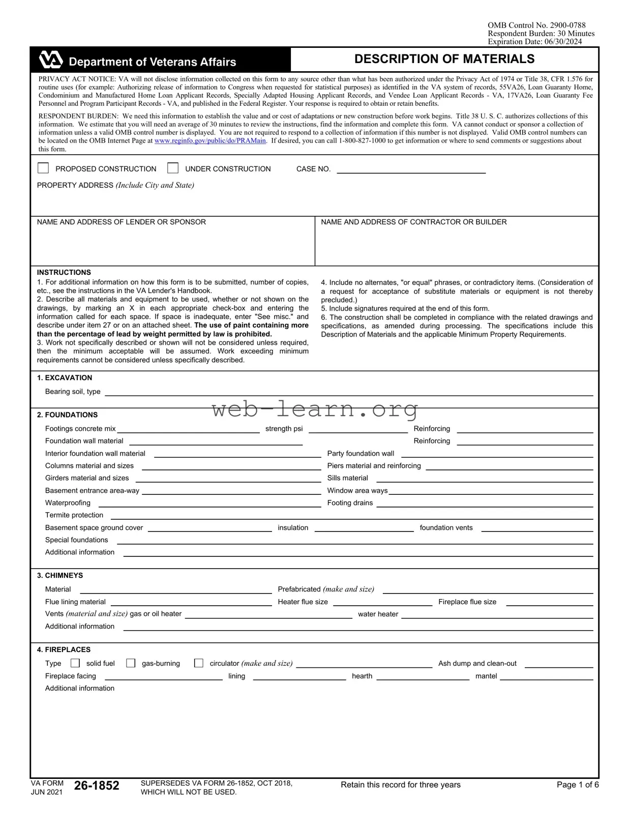 Blank Va 26 1852 Form