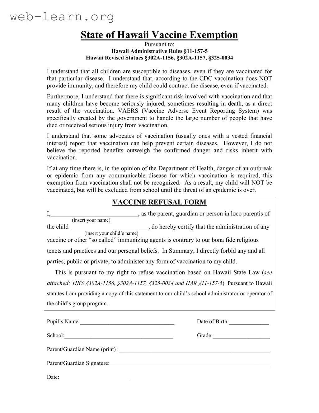 Blank Hawaii Vaccine Exemption Form