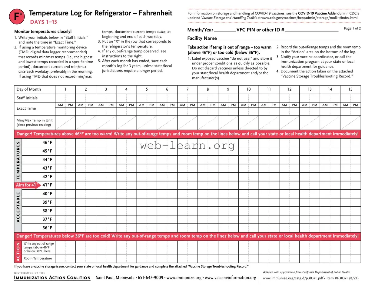 Blank Refrigerator Temperature Log Form