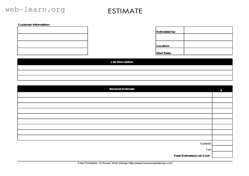 Blank Estimate Form