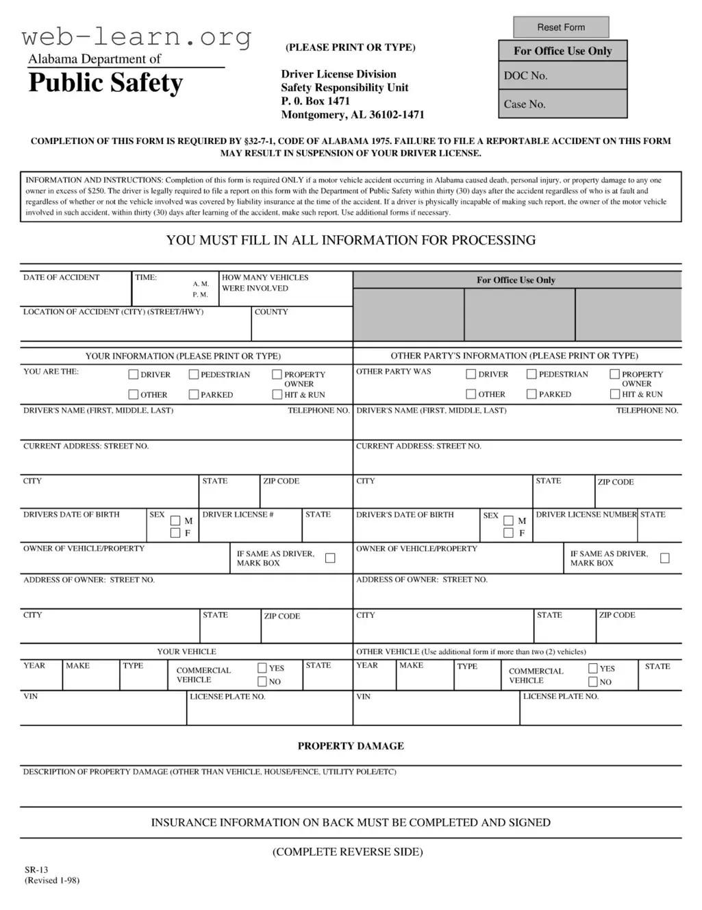 Blank Alabama Public Safety Form
