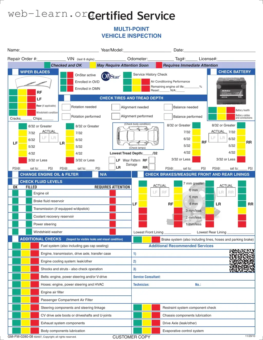 Blank Automobile Service Checklist Form