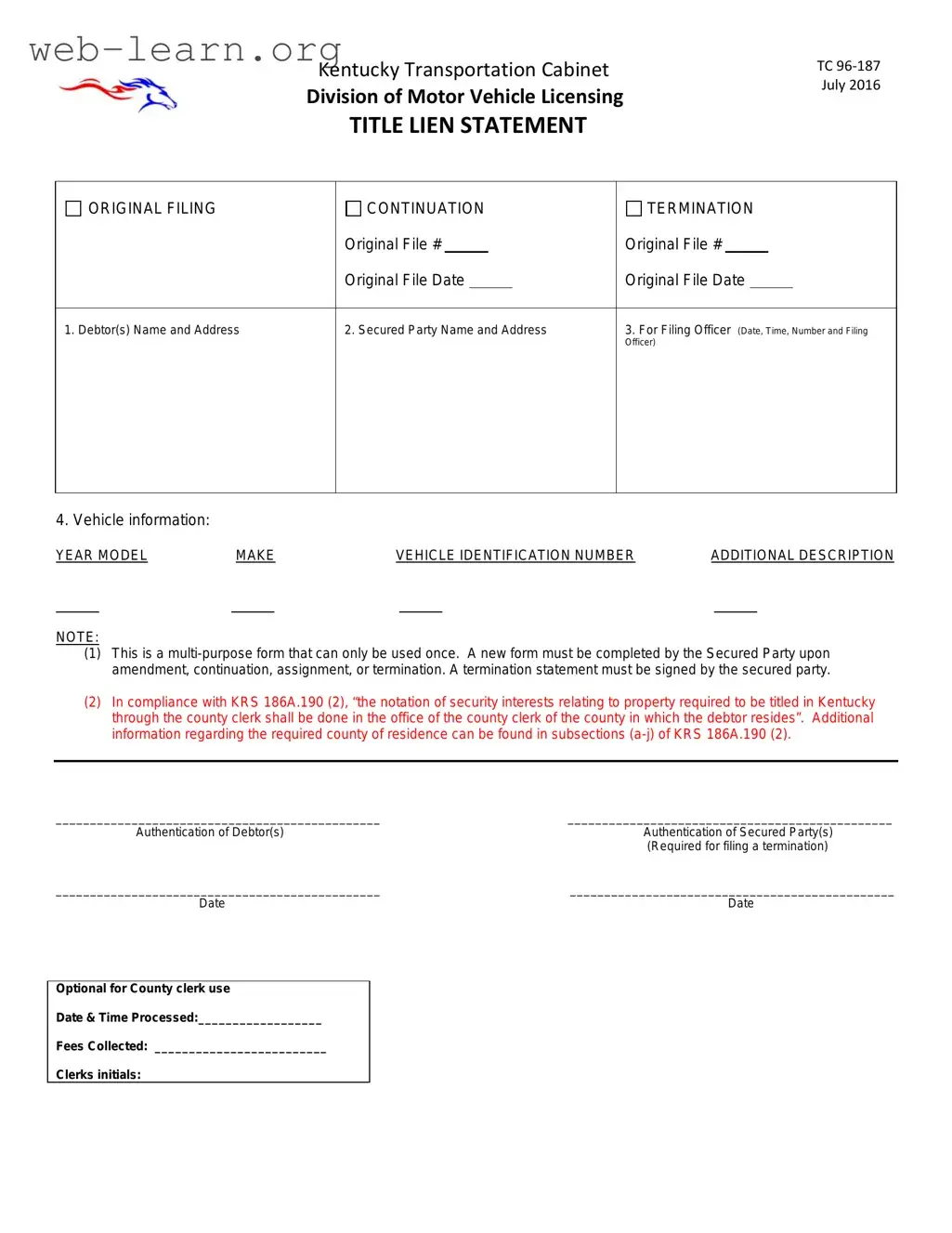 Blank Kentucky Tc 96 187 Form