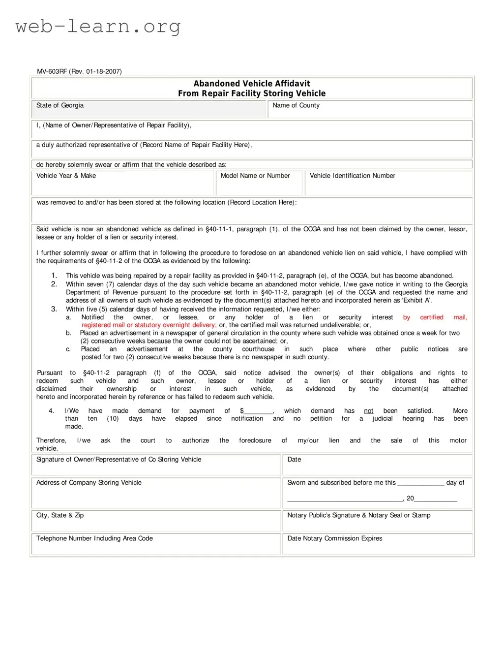 Blank Georgia Mv 603Rf Form