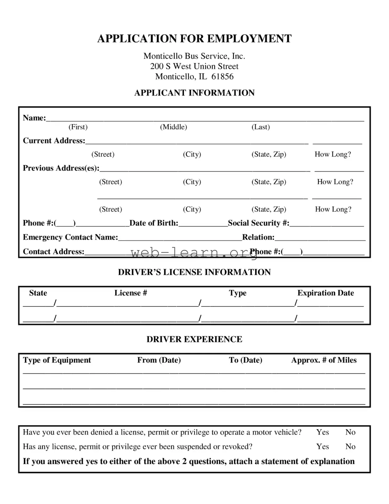 Blank Truck Driver Job Form