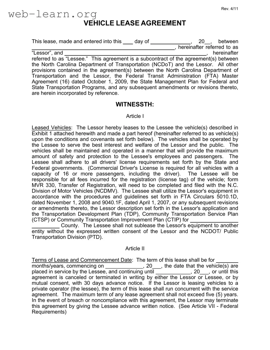Blank Commercial Vehicle Lease Agreement Form