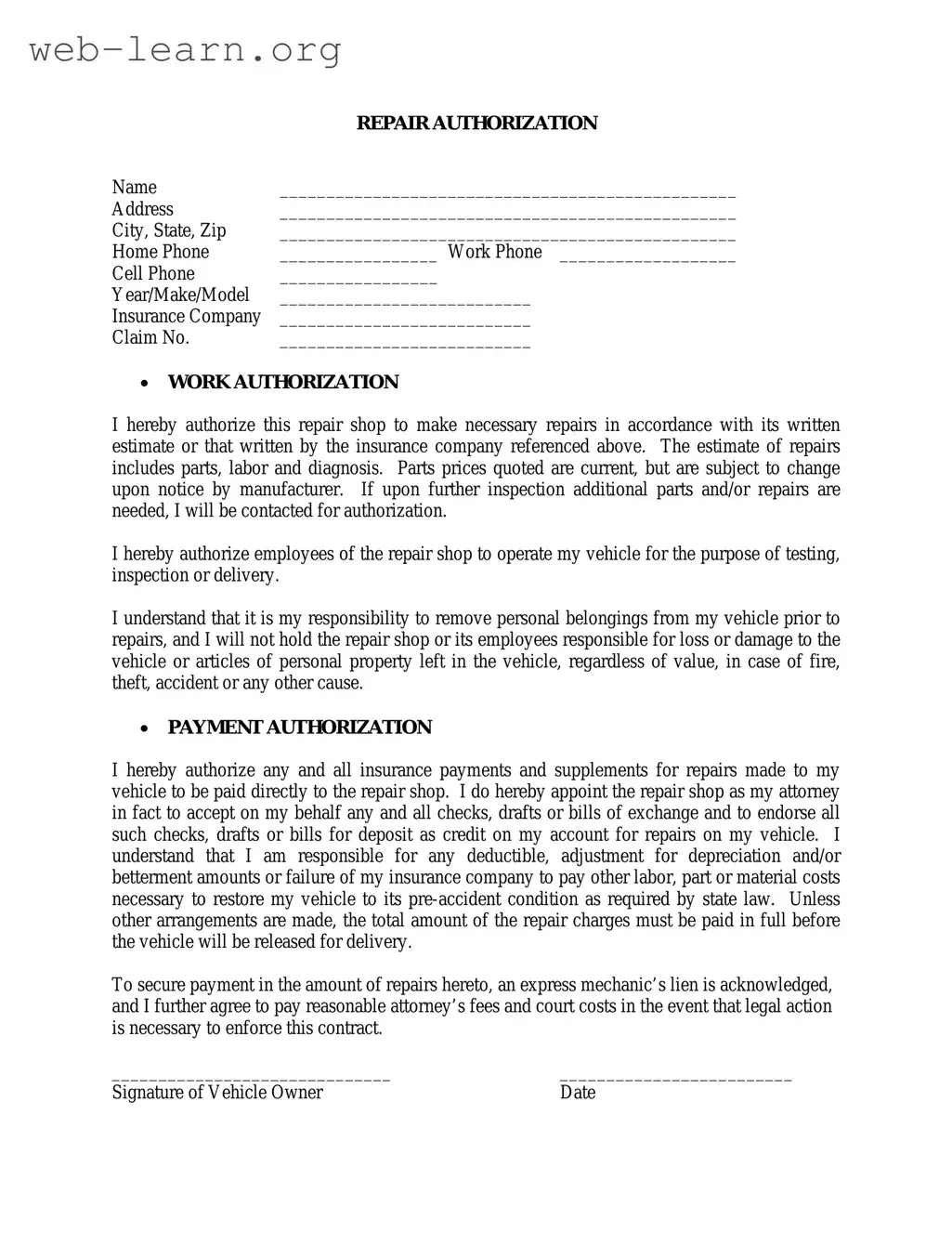 Blank Authorization Repair Form