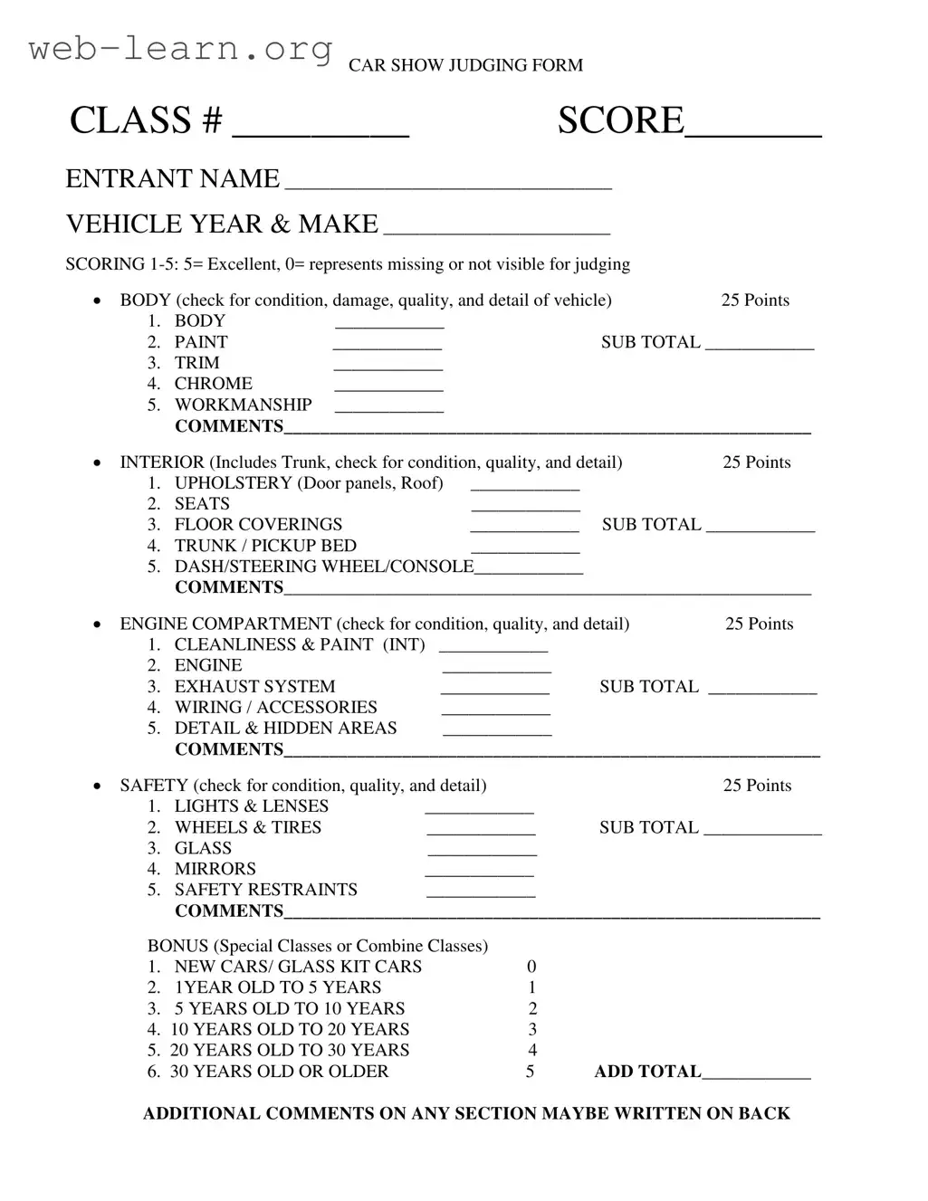 Blank Car Show Judging Form