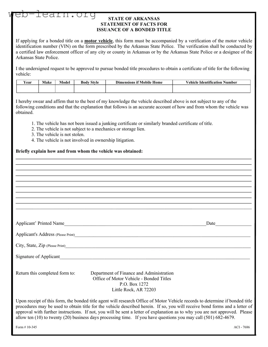 Blank Bonded Title Arkansas Form
