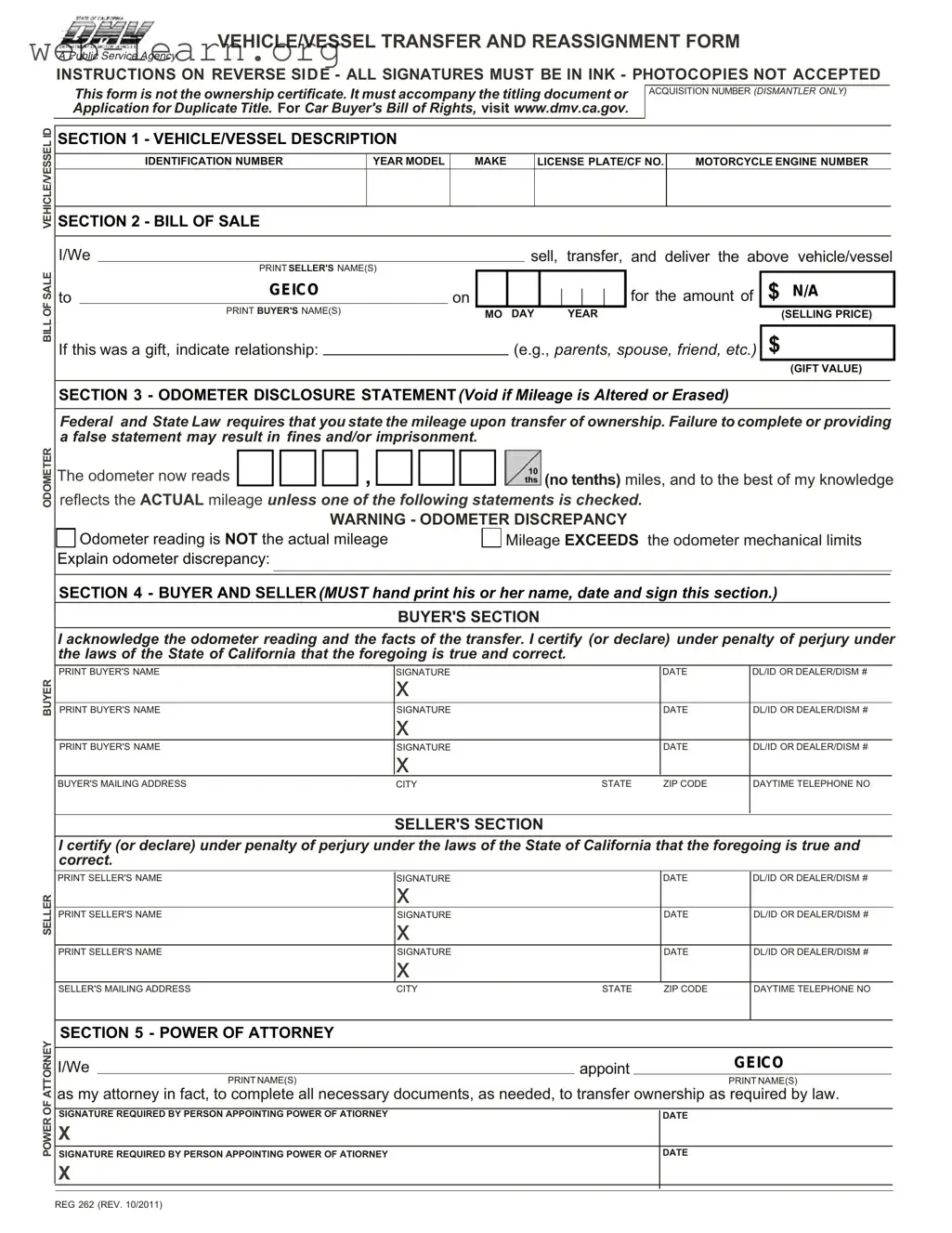 Blank California Fotm Reg 262 Form