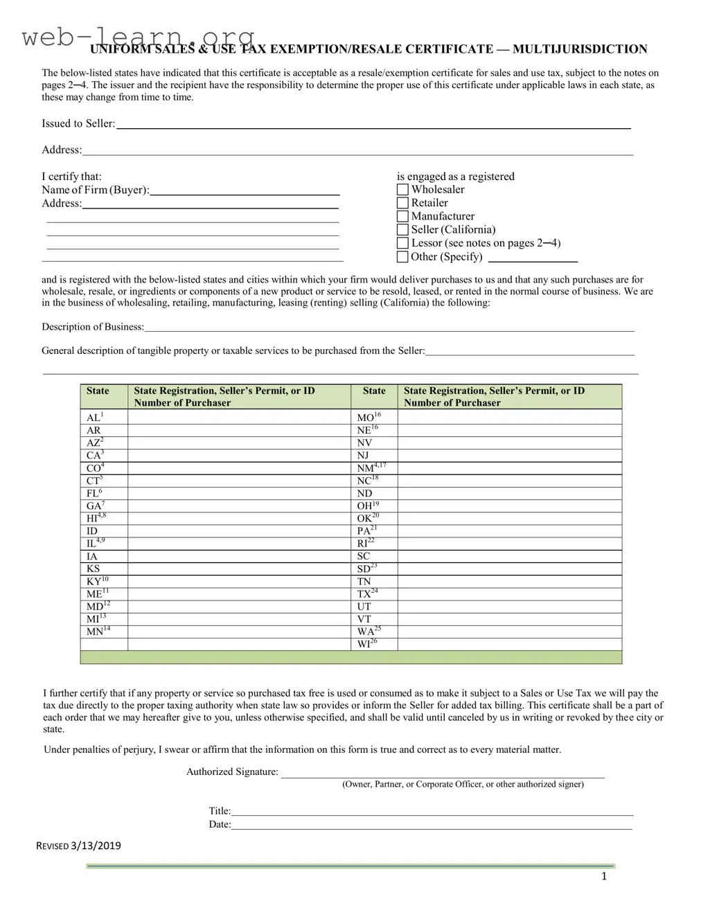 Blank California Sales Tax Certificate Form
