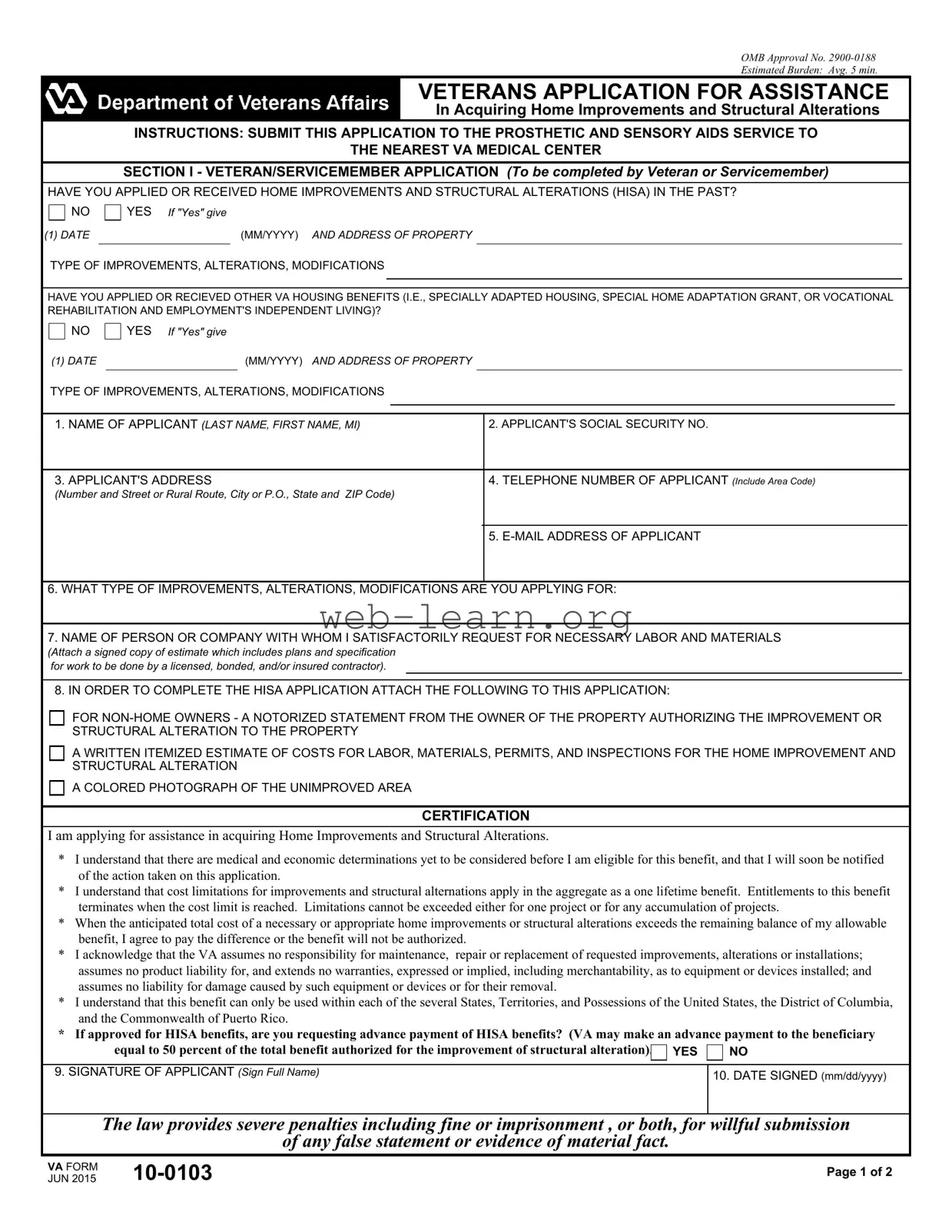Blank Va 10 0103 Form