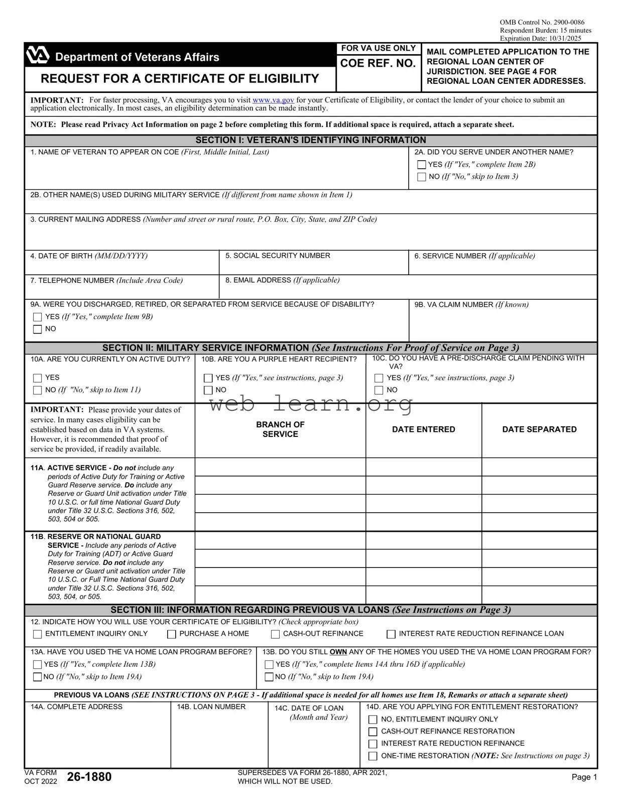 Blank VBA VA 26-1880 Form