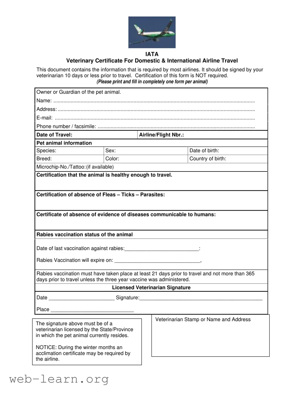 Blank Veterinary Certificate Travel Form