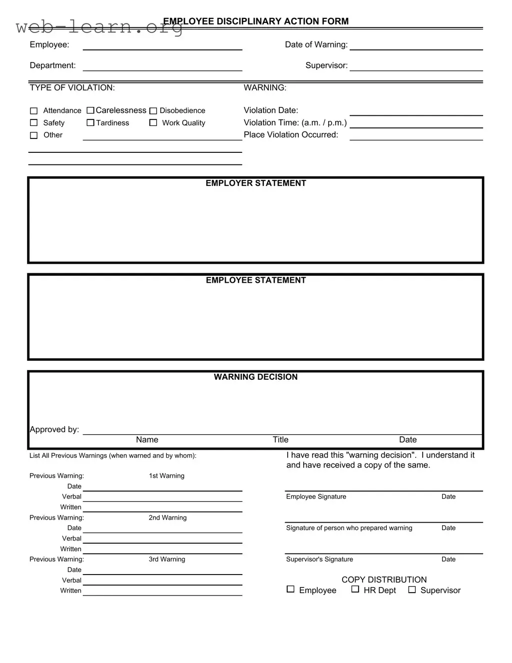 Blank Disciplinary Action Form