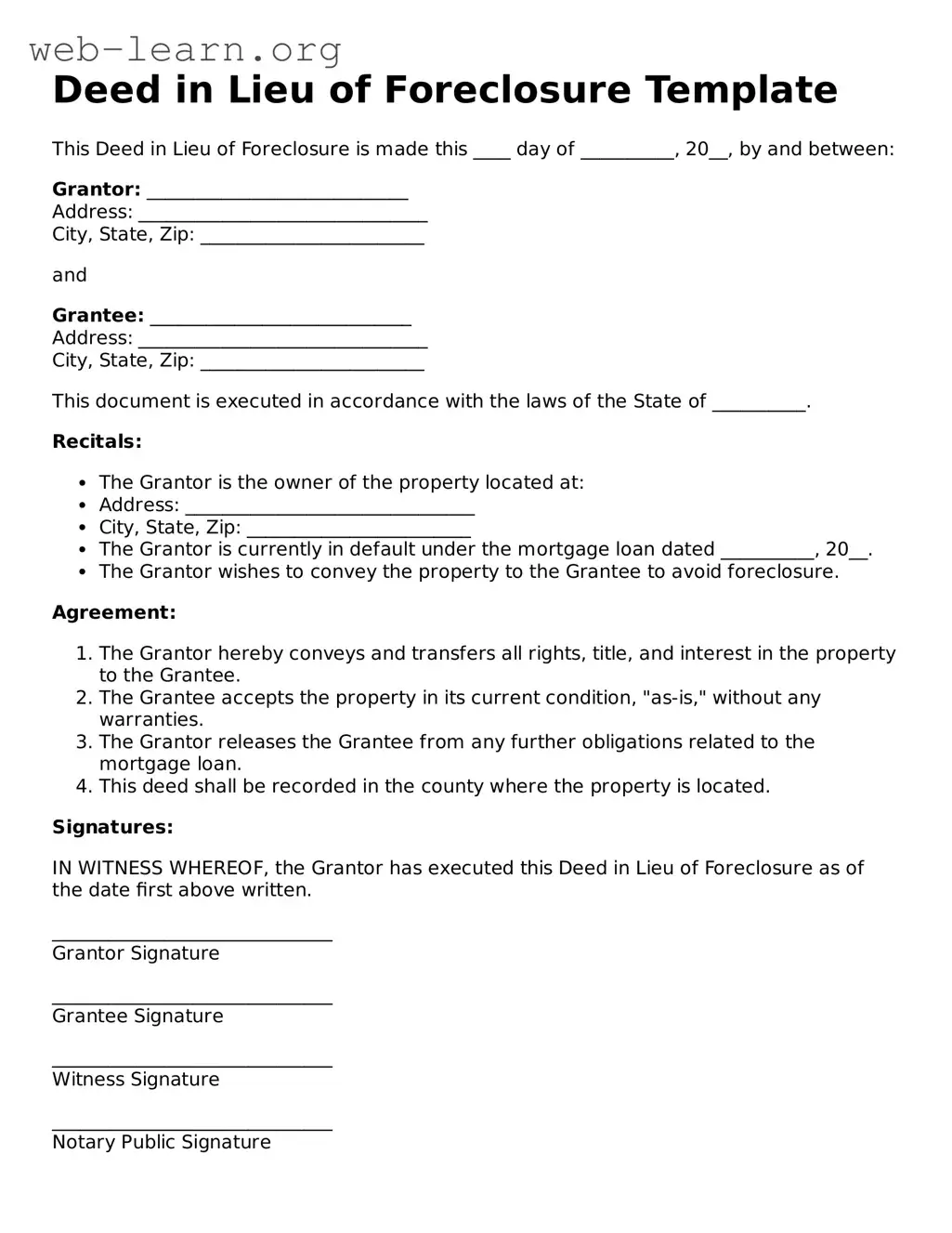 Attorney-Approved Deed in Lieu of Foreclosure Template