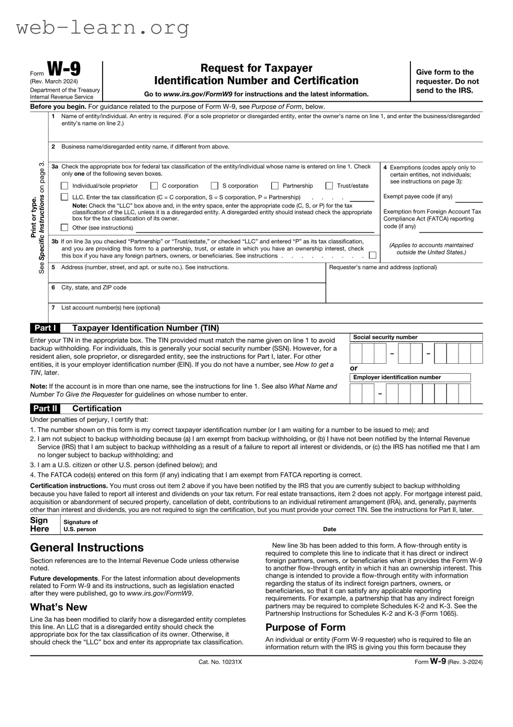 Blank IRS W-9 Form