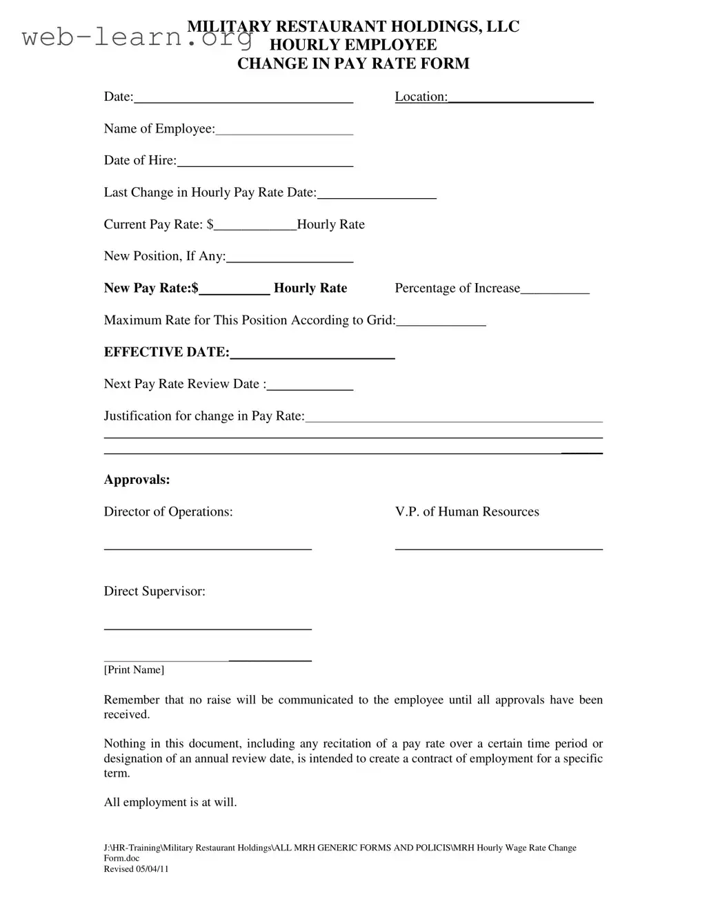 Blank Change Pay Rate Form