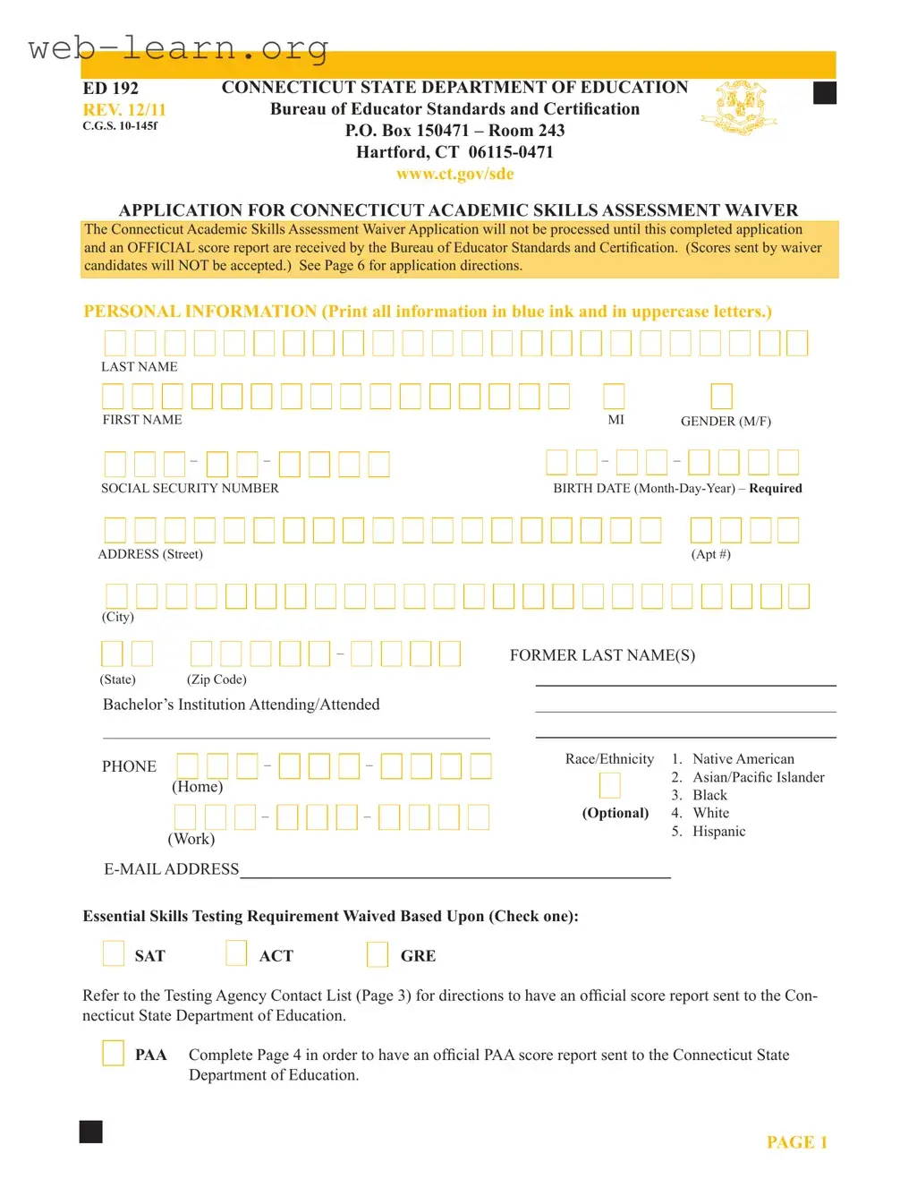 Blank Connecticut Ed 192 Form