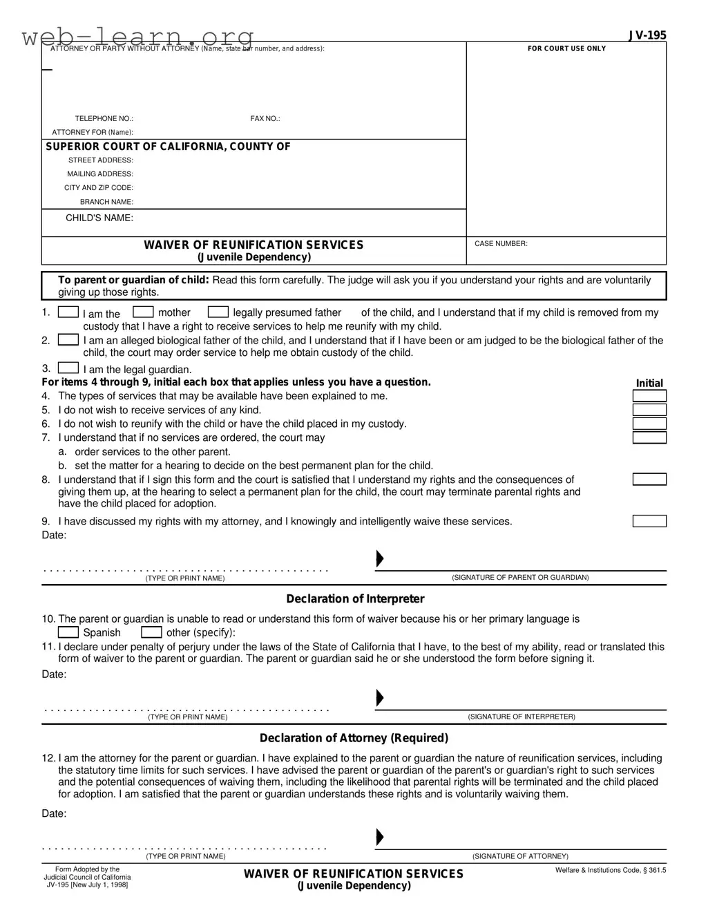 Blank California Jv 195 Form
