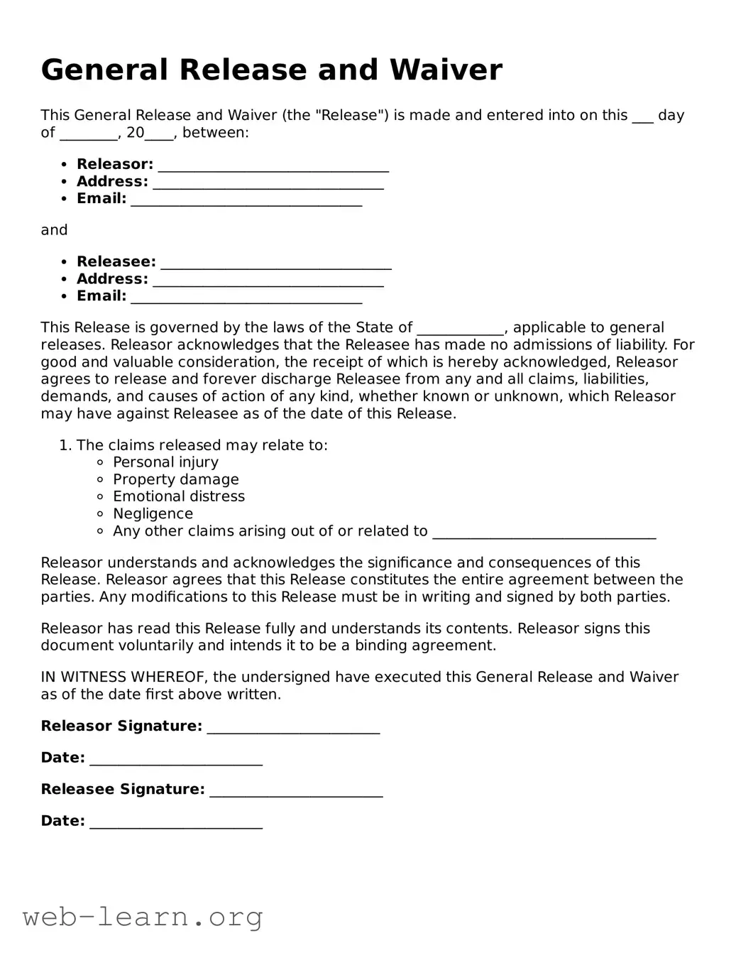 Attorney-Approved General Release and Waiver Template