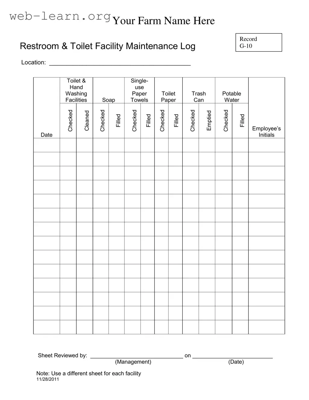 Blank Bathroom Cleaning Log Sheet Form