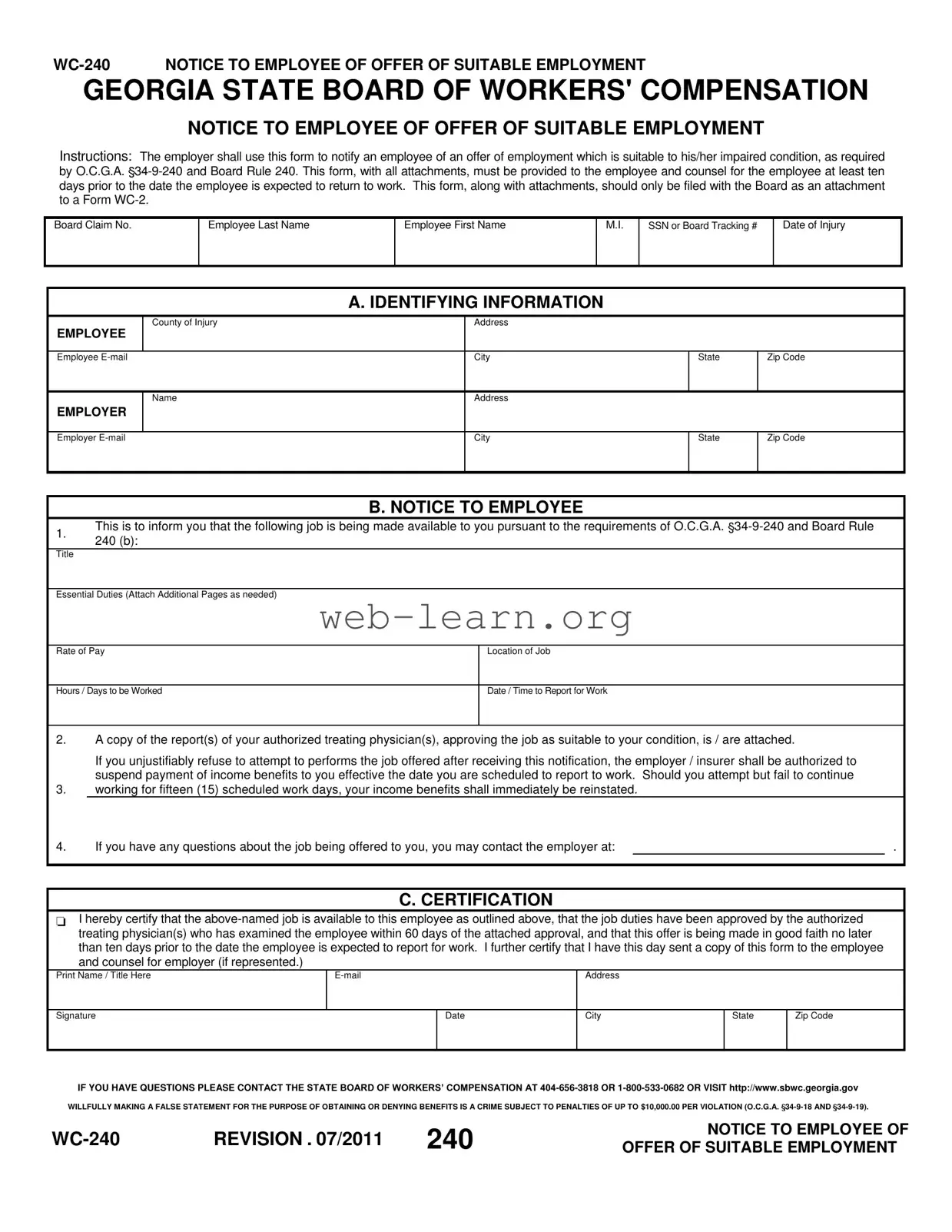 Blank Wc 240 Georgia Form