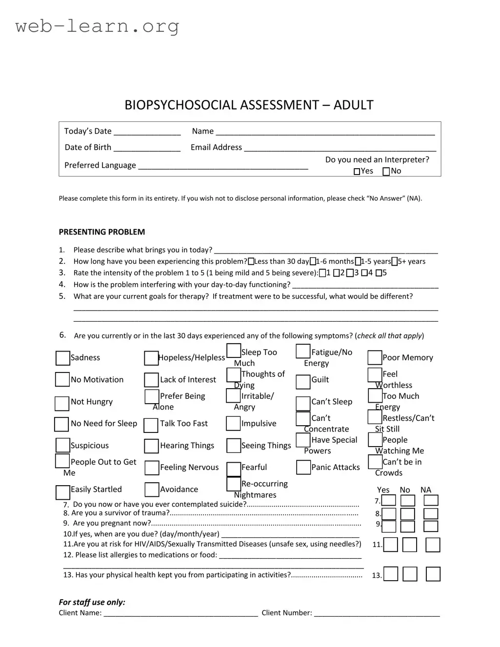 Blank Biopsychosocial Assessment Social Work Form