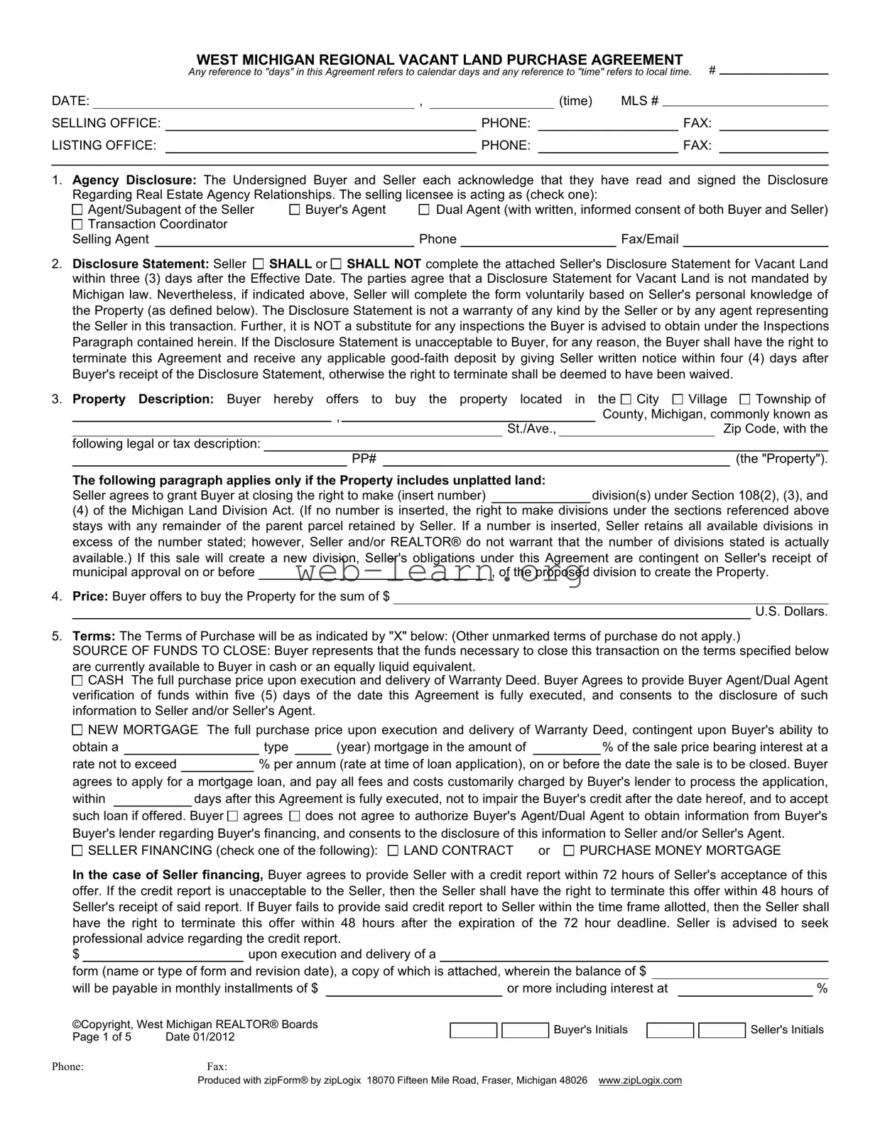 Blank West Michigan Vacant Land Agreement Form