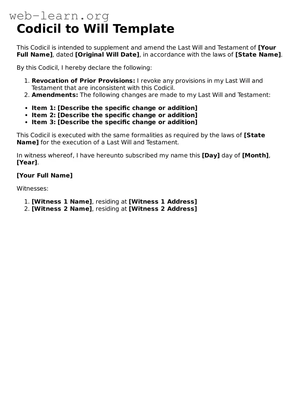 Attorney-Approved Codicil to Will Template