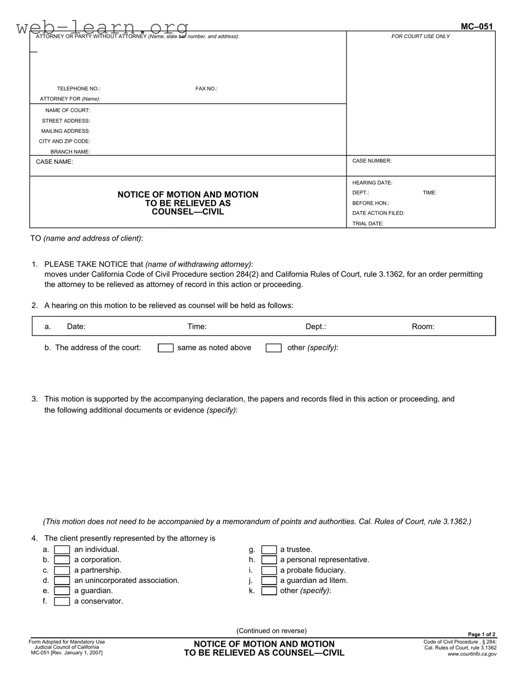 Blank California Motion Form