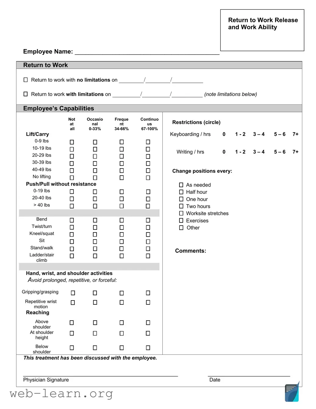 Blank Work Release Form