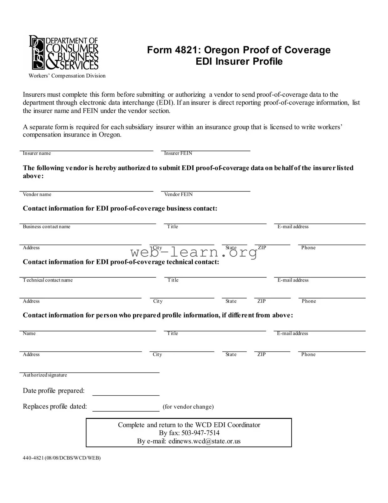 Blank Oregon 4821 Form
