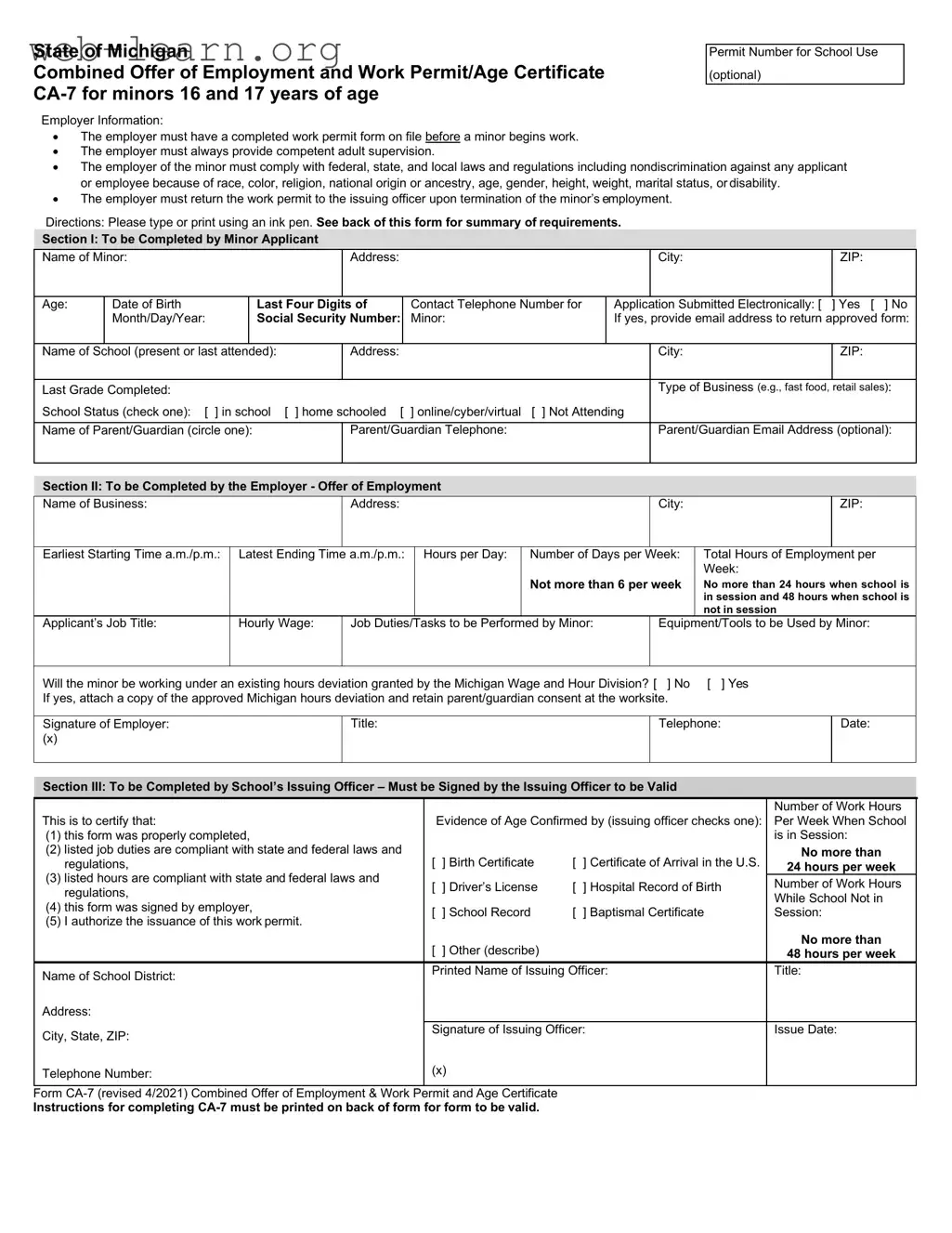 Blank Michigan Permit Form